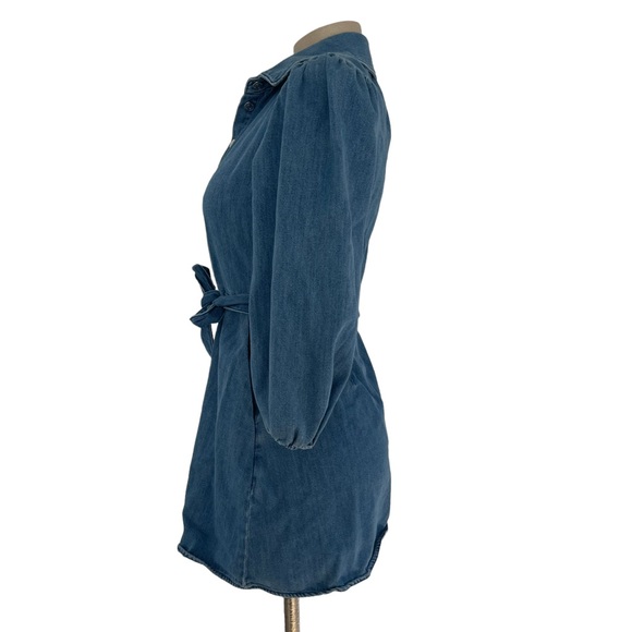 Zara Blue Denim Cotton Button Shirt Mini Dress Belted Balloon Sleeve Pockets XS - Picture 7 of 9